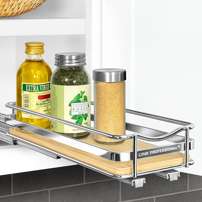 LYNK PROFESSIONAL® Élite™ Pull Out Spice Organization for Cabinets - 4-3/8 inch Wide – Spice Rack for Inside Cabinets – Wood/Chrome - Sliding Spice Rack Organizer for cabinet – Spice Rack - 1 Tier - Image 8