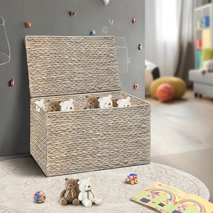Water Hyacinth Storage Basket with Lid, 42.3 Gallon (160L) Wicker Storage Trunk with Handles, Handwoven Wicker Storage Basket for Blanket, Foldable, for Living Room, Laundry Room, White - Image 4