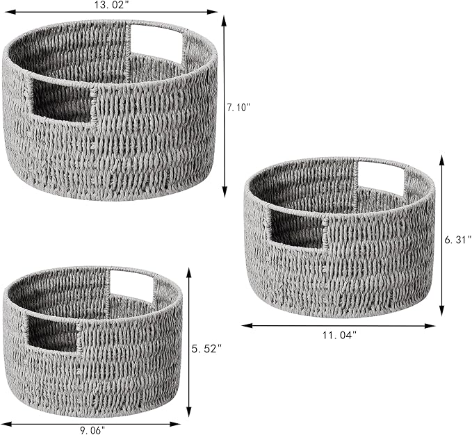 Wicker Storage Basket, Hand-Woven Paper Rope Large Round Woven Basket With Handles, Wicker Baskets for Organizing/Storage, Grey, 3-Pack - Image 2