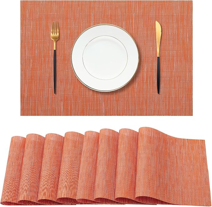 Leetaltree Orange Placemats Set of 8 - Heat Resistant Non-Slip Place mats for Dining Table, Washable Durable PVC Vinyl Woven Table Mats（Orange, 8） by Leetaltree-ArtatEveryTable