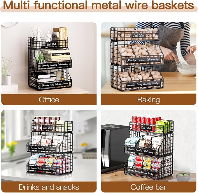 Egg Basket, Stackable Wall Mount Egg Holder Countertop with Weekday Labels | Rustproof carbon steel basket with adjustable dividers, ideal for backyard poultry, small kitchen & pantry storage, Black - Image 6