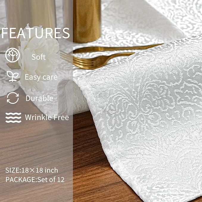 White Cloth Napkins Set of 12, 18x18 Inch Dinner Napkins | Reusable Washable Cotton Polyester Soft Luxury Elegant Fancy Jacquard Fabric Table Napkins - Image 4