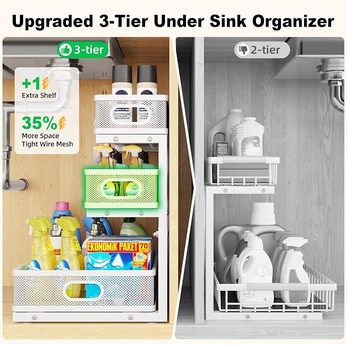 2 Pack Under Sink Organizer,3-Tier White Metal Pull Out Kitchen Cabinet Organizers,Slide Out Undersink Storage Drawers,Under The Sink Organization and Storage, Bathroom Shelves for Pantry,Laundry Room - Image 3