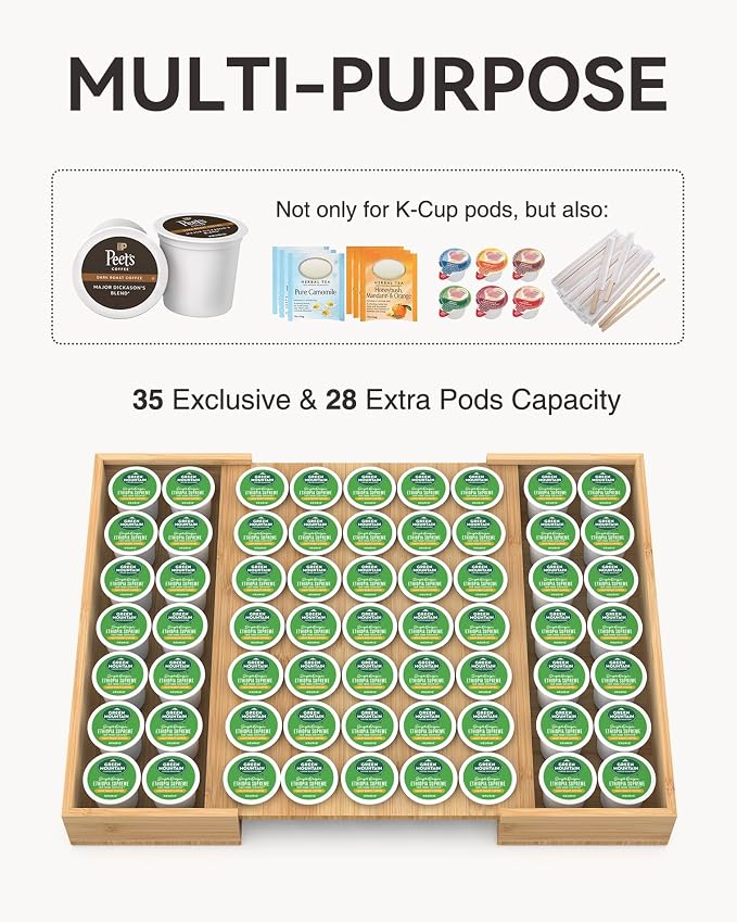 Expandable Bamboo Coffee Pod Drawer Holder 35 Pods | 11.6-19.8" W x 15.36" D x 2.37" H, Compatible with K Cup, keurig Pod Organizer Tea Bag Storage for Countertop Display - Image 5