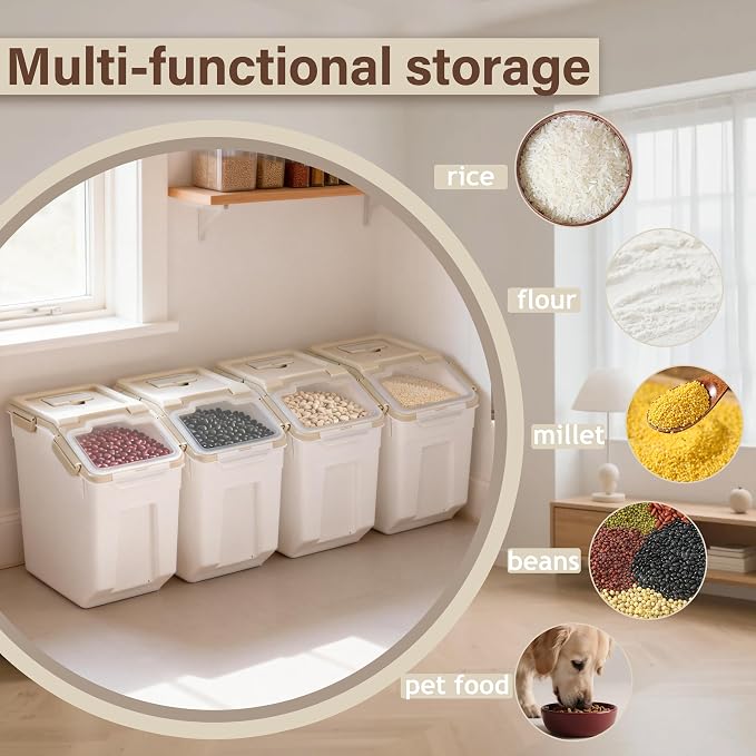 RUIAN 25lb Flour Rice Storage Containers Bin, Large Airtight Storage Container with Wheels Seal Locking Lid, with Measuring Cup&Scoop for Flour, Rice, Grain(Gray 4PCS) - Image 5