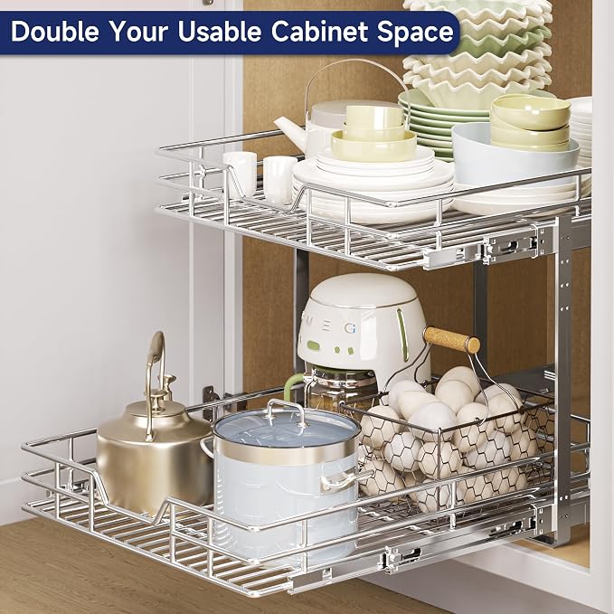 2-Tier Pull Out Cabinet Organizer, 25.5" W x 21.5" D, Heavy Duty Dual Slide Out Shelves for Wide Base Cabinets, Chrome Wire Basket Drawer for Pots, Pans, Pantry & Cleaning Supplies - Image 8