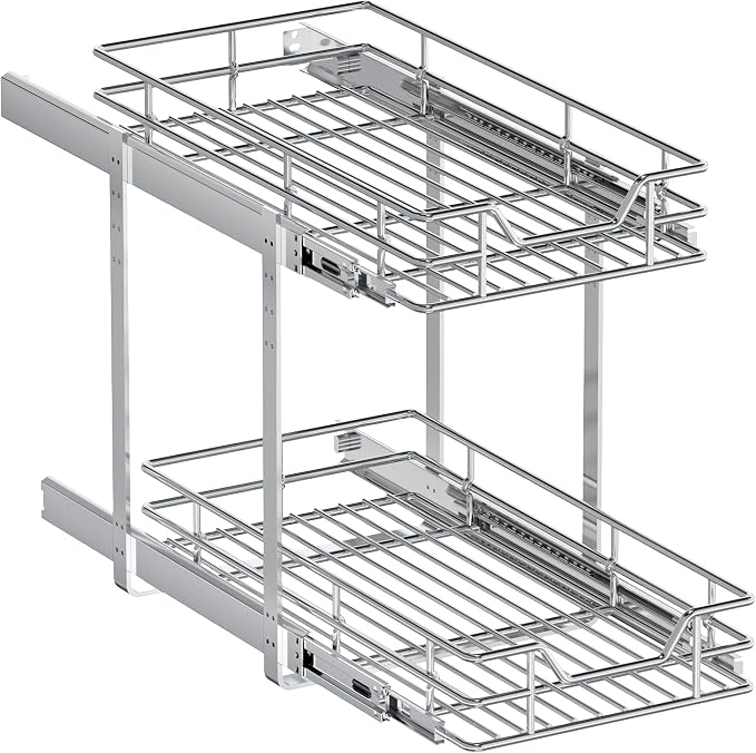 2-Tier Pull Out Cabinet Organizer, 10.5" W x 18" D, Heavy Duty Dual Slide Out Shelves for Narrow Base Cabinets, Chrome Wire Basket Drawer for Spices, Bottles & Snacks - Image 9
