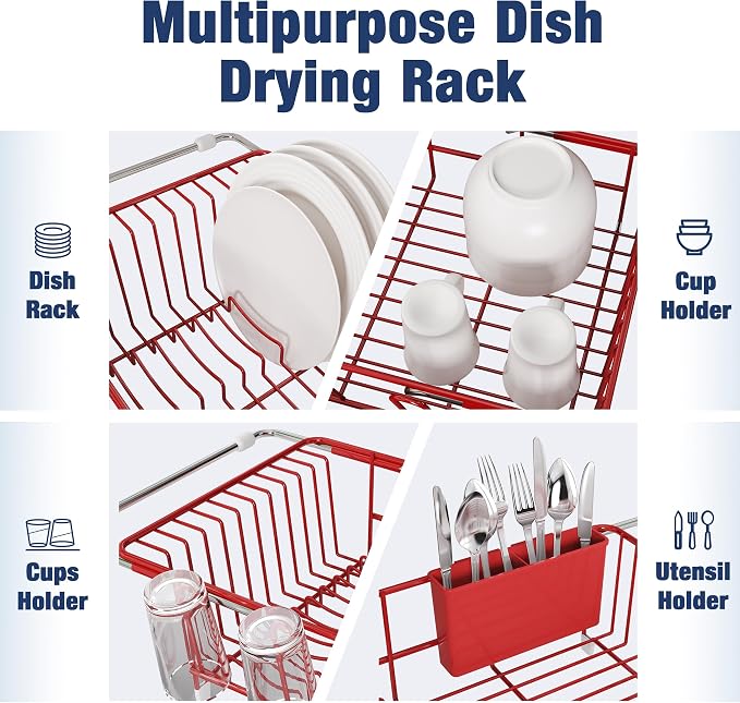 JASIWAY Red Dish Drying Rack in Sink, Dish Drainer with Utensil Holder | Over The Sink Expandable Stainless Steel Strainer Dryer Rack for Small Kitchen, Counter Space Saving, Fast Drain, Rustproof - Image 6