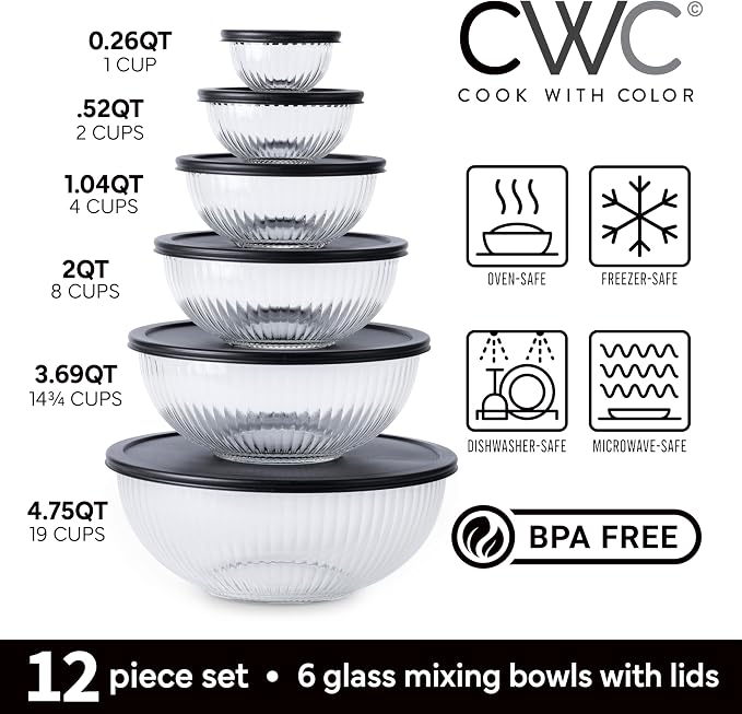 COOK WITH COLOR 12 Pc Glass Mixing Bowl Set with Lids – Borosilicate Glass Nesting Bowls for Cooking, Baking and Meal Prep, Fluted Black - Image 3