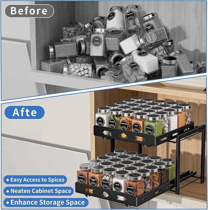 BOIVSHI Pull Out Spice Rack Organizer for Cabinet, 11.9''Wx10.8''Dx9.2''H | 2 Tier Cabinet Spice Rack, Vertical Spice Rack for Cabinet Height Adjustable, Metal Kitchen Spice Racks for Inside Cabinets - Image 4