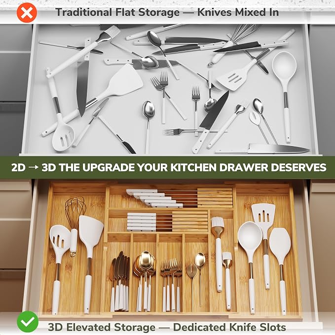BAMEOS Bamboo Drawer Organizer Expandable Kitchen Silverware Organizer with 7-9 Deep Compartments, Bamboo Reinforced Cutlery Tray, Adjustable Utensil Holder for Kitchen(16.1"-22.4" Wide, Natural) - Image 6