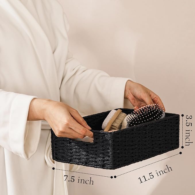 UBBCARE 2 Pack Wicker Basket, 11.5L×7.5H×3.5W inch Woven Paper Rope Storage Baskets for Shelves, Foldable Rectangular Storage Baskets with Handle, Storage Basket for Organizing, Black - Image 2