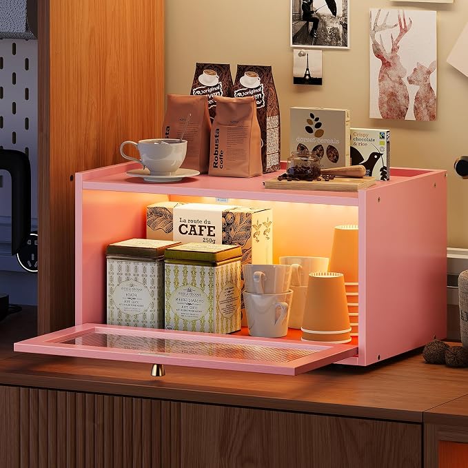 Trironsun Bamboo Bread Box with Led Light for Kitchen Counter Large Capacity Bread Storage Container Kitchen Countertop Organizer with Window Bread Holder (Pink) - Image 6