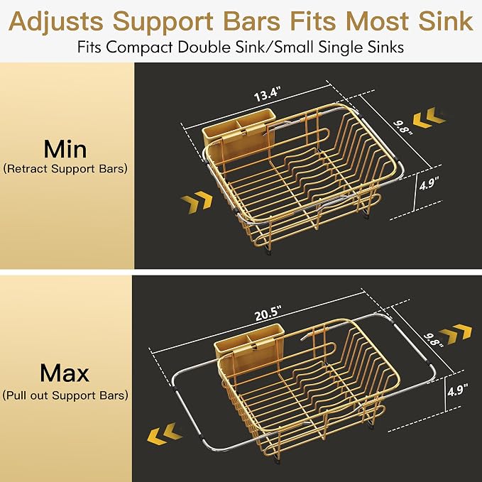 JASIWAY Gold Dish Drying Rack in Sink with Utensil Holder, RV, Apartment | Over Sink Expandable Stainless Steel Dish Drainers for Compact Kitchen, Space Saving, Fast Drain, Rustproof, For 1-2 people - Image 5