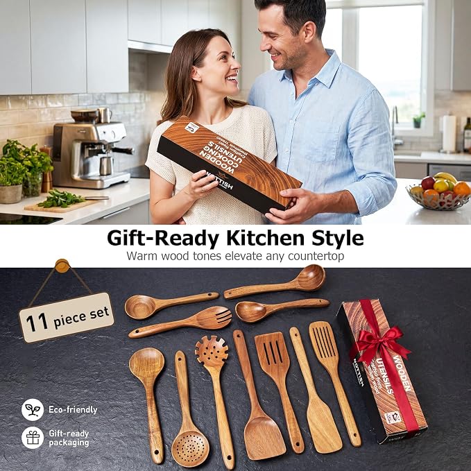 Wooden Spoons for Cooking, 11-Piece Acacia Wood Kitchen Utensil Set, Nonstick Safe Wooden Spatulas and Spoons, Heat Resistant Cooking Utensils for Everyday Meals (A11) - Image 9