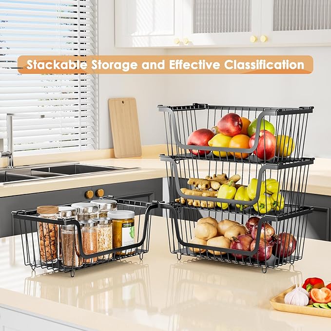 4 Pcs Stackable Wire Baskets for Pantry Organizers and Storage, Black | Metal Baskets with Handles,Produce Potato Onion Storage Bin,Vegetable Fruit Basket for Countertop, Kitchen Storage - Image 4