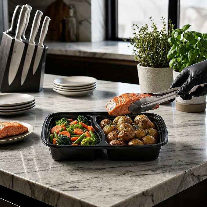 Asporto 32 Ounce Compartment Take Out Boxes, 50 Microwavable Meal Prep Containers - 2 Compartments, With Clear Plastic Lids, Black Plastic Food Containers, Do Not Contain BPA - Restaurantware - Image 5