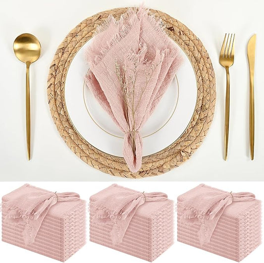 36 Pack Pink Cloth Napkins, 16 x 16 Inch Cotton with Fringe Settings | Handmade washable reusable cotton dinner napkins in bulk for weddings, parties, rustic boho table settings by FXKS