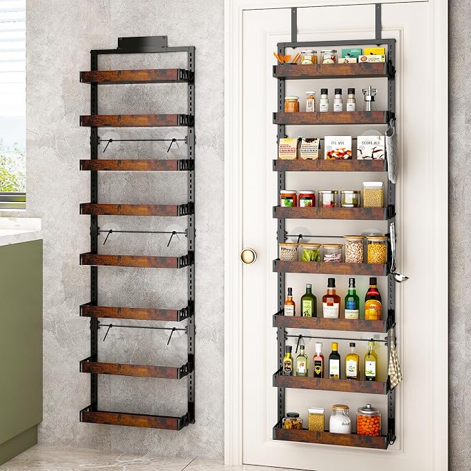 BUKFEN 8-Tier Over the Door Pantry Organizer, Adjustable Wooden Basket | Door & Wall Mounted Spice Rack, 16 Hooks, Heavy-Duty Metal Over Door Organization Storage for Kitchen, Bathroom, Closet by bukfen