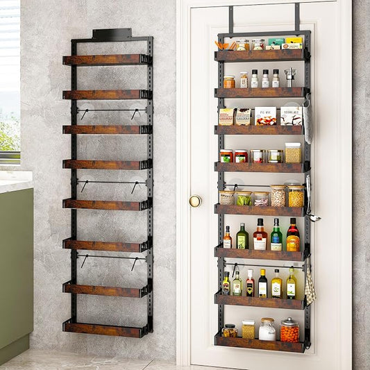BUKFEN 8-Tier Over the Door Pantry Organizer, Adjustable Wooden Basket | Door & Wall Mounted Spice Rack, 16 Hooks, Heavy-Duty Metal Over Door Organization Storage for Kitchen, Bathroom, Closet by bukfen