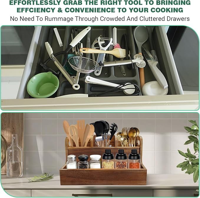 Kitchen Utensil Holder for Countertop with 4 Compartments Acacia Large Utensil Holder Wooden Storage for Cooking,Baking,Flatware Tool Kitchen Utensil Organizer - Image 6