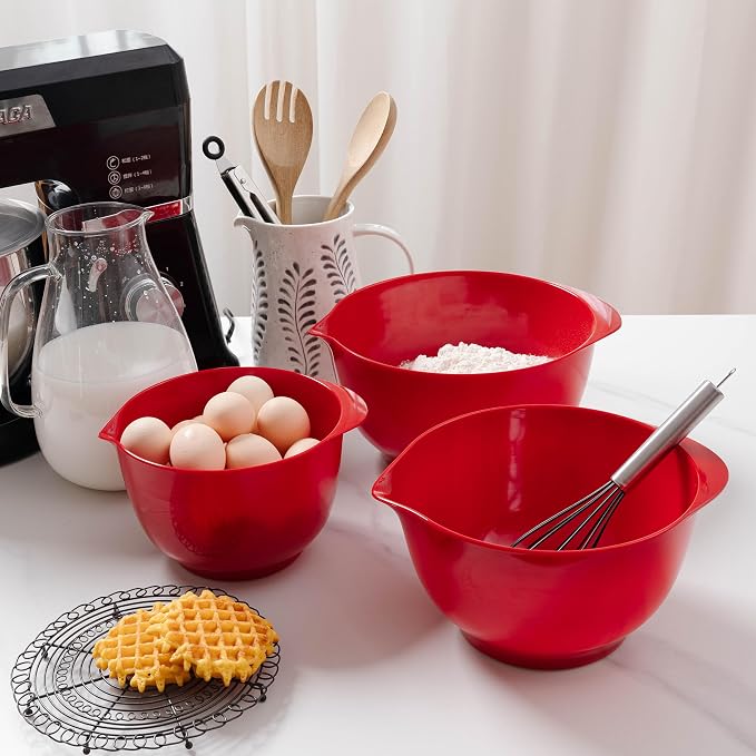 Mixing Bowls Set, 3 Piece Melamine Nesting Bowls with Pour Spout, Non-Slip Base, Great for Prepping, Baking, Mixing Cooking, BPA free and Dishwasher Safe, Red - Image 3