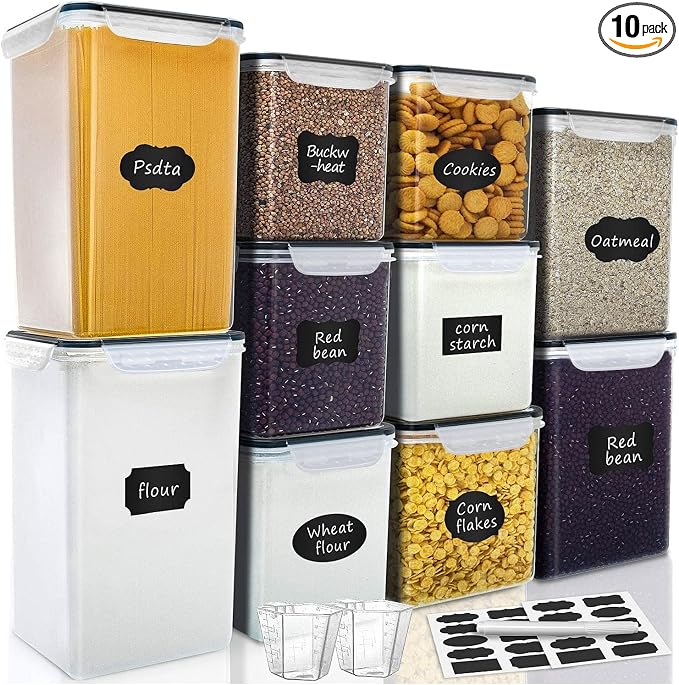 VERONES Large Tall Airtight Food Storage Containers, 10 PACK Containers Set | Plastic Airtight Kitchen & Pantry Organization, Ideal for Flour & Sugar Plastic Canisters with Labels by VERONES