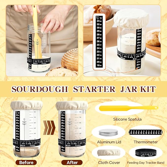 Sourdough Starter Kit, Sourdough Bread Baking Supplies, Round & Oval Banneton Bread Proofing Basket, Bread Sling, Starter Jar, Dough Whisk, Scrapers, Stencils & Bag, Complete Sourdough Kit Gifts - Image 2