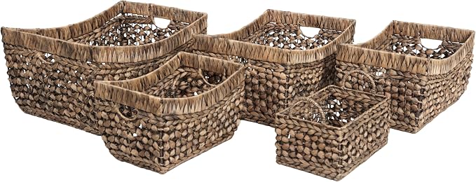 happimess Aria 5-Piece Nesting Storage Baskets Water Hyacinth 21", Brown | Handwoven Contemporary Bohemian Design, Iron Metal Frame, Open Weave, Decorative Organization For Living Room and Bedroom by Happimess