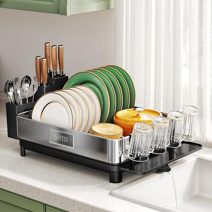 SNTD 304 Stainless Steel Dish Drying Rack for Small Kitchen Counter, Black | Rustproof, Large Capacity, Heavy-Duty Frame, Rotating Spout, Angled Drainboard, Removable Cup & Utensil Holder - Image 2