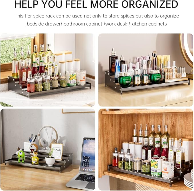 Expandable Carbon Steel Spice Rack Organizer for Pantry, Adjustable 3-Tier Ladder Shelf,Holds Up to 24 Cans,Kitchen Countertop Organizer, Rustproof Storage Rack for Spices, Cans, Sauces & Dry Goods - Image 9