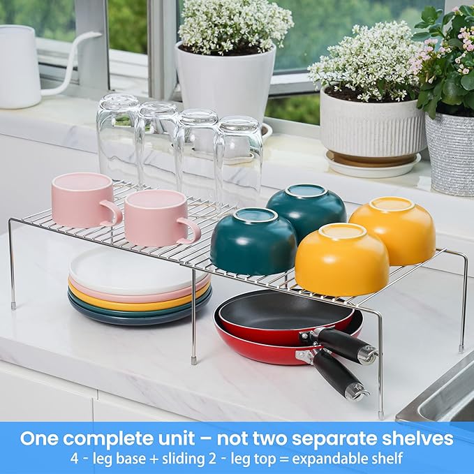 Tomorotec Expandable Kitchen Cabinet Organizer Stainless Steel Shelf Silver | Adjustable from 12.8 to 22.8 Inches Rustproof with Anti-Slip Feet for Pantry Bathroom Closet and Countertop Organization - Image 4