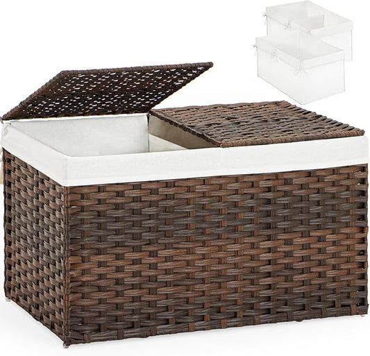 SETVSON Storage Basket with Lid, 2-Lid PE Rattan Storage Bin, Brown | 65L Storage Bin with 2 Separate Lids, 2 Removable Liners with Divider for Clothes & Blankets, Sturdy Frame, Brown by SETVSON