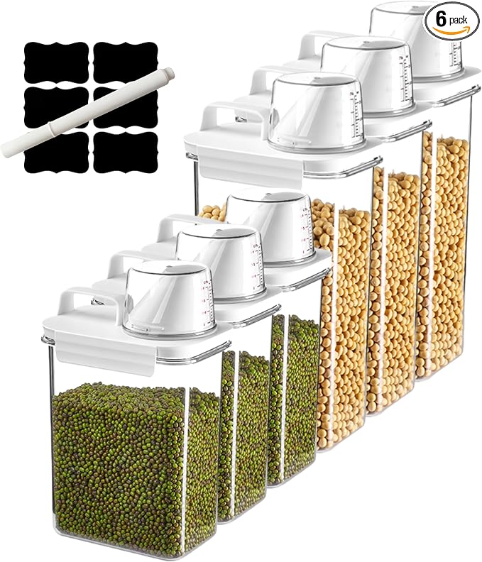Air Tight Cereal Container Organizer Set of 6 - 1800ML & 2300ML Total 417oz, Dry Food Storage for Pet Food, Rice, Oatmeal with Pour Spout Lid and Plastic Small Measuring Cup for Flour and Sugar by Unknown