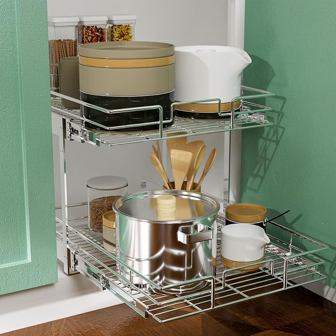 LOVMOR 2 Tier Individual Pull Out Cabinet Organizer 10½" W x 21½" D, Slide Out Kitchen Cabinet Storage Sliding Shelves - Image 5