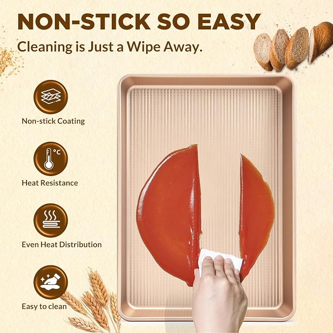 Saker 3-Piece Heavy Duty Carbon Steel Baking Sheets Set,Non-Stick Cookie | | Oven Safe, Even Heating, for Baking, Roasting, Cooking – Professional Grade (Champagne Gold) - Image 6