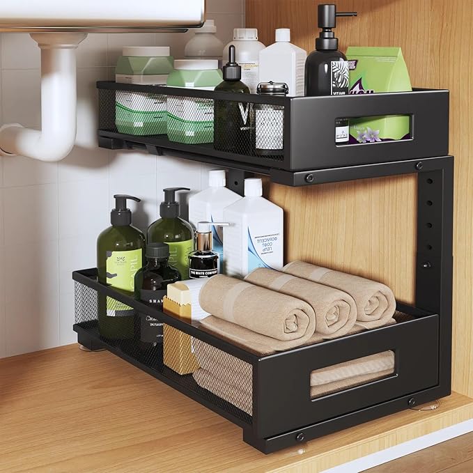 1 Pack 17IN Depth Under Sink Organizer, 2-Tier Pull Out Cabinet Organizer With Smooth Circular Rail, Large Capacity Metal Mesh Sliding Drawers For Bathroom& Kitchen Storage,Height Adjustable –Black by UnderSinkOrganizer