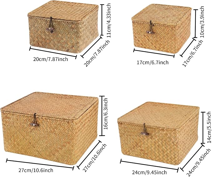 Moosky Wicker Shelf Baskets with Lid, Handwoven Seagrass Storage Basket Bins Square Gift Boxes for Shelves Home Decor Organizer (Natural, Set of 4) - Image 2