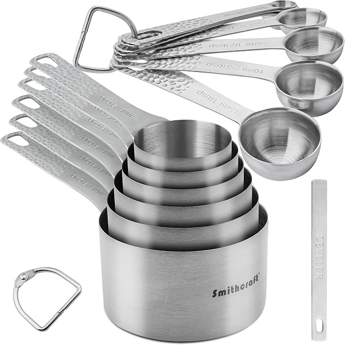 Measuring Cups and Spoons Set of 14, 18/8 Stainless Steel Measuring Cups Spoons Set, 6 Measure Cups and 7 Measure Spoons with Leveler by Smithcraft