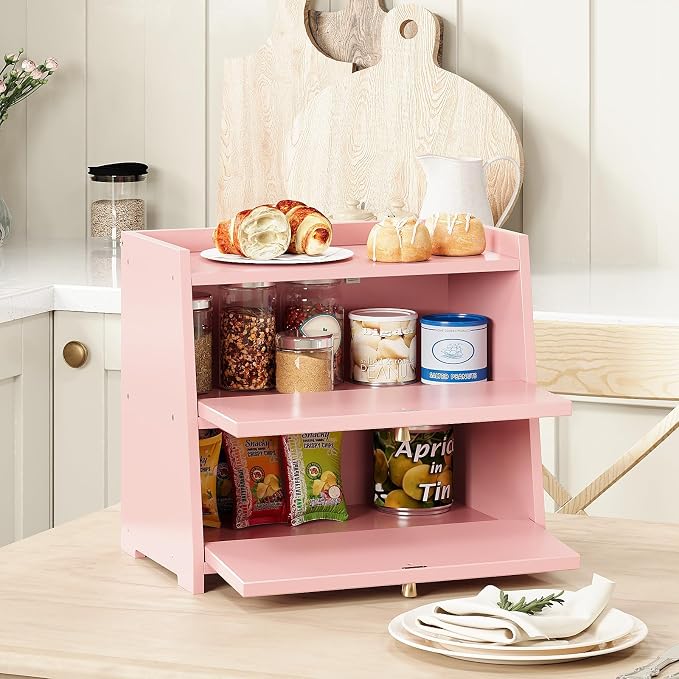 Trironsun Vintage Double Layer Bread Box for Kitchen Counter Bamboo Bread Storage Container Large Capacity Bread Storage Bin (Pink) - Image 7