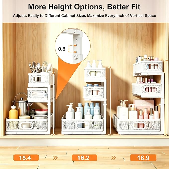 2 Pack Under Sink Organizer, 3-Tier Pull Out Kitchen Cabinet Organizer with 5 Adjustable Heights Metal Slide Out Bathroom Storage Makeup Drawer Rack for Bedroom Office Pantry Home Organization, White - Image 3