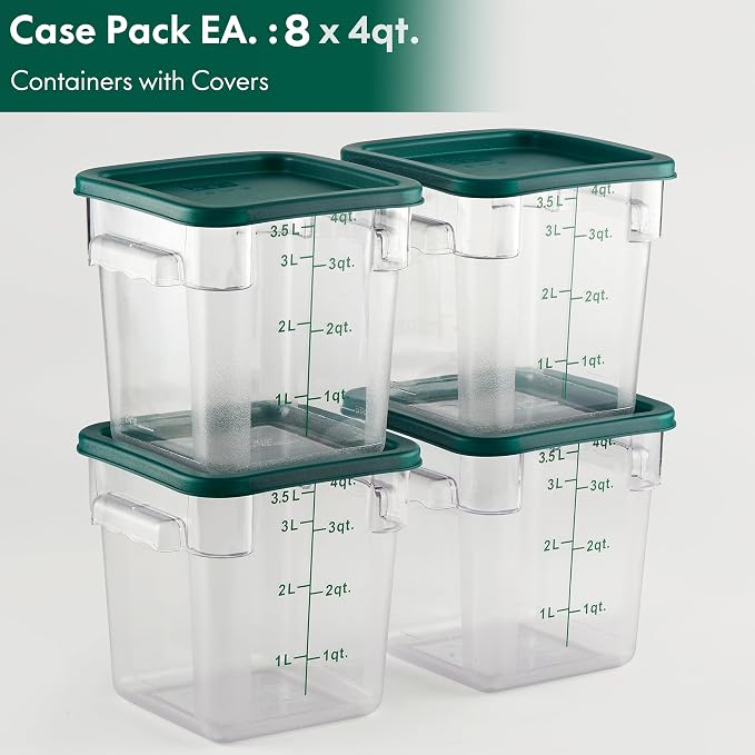 8-Pack 4 Qt NSF Clear Polycarbonate Food Storage Containers with Green Lids - Square, Commercial-Grade, Freezer & Dishwasher Safe, Stackable - Image 2
