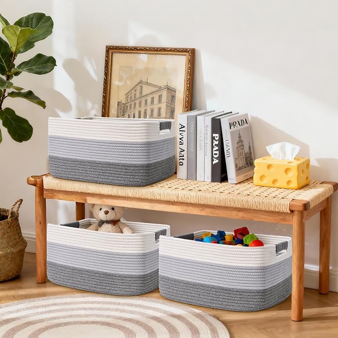 2 Pack Large Storage Basket for Organizing, 17.5"x13"x7" Woven Basket for Shelves, Closet Cube Storage Bins with Wrapped Handle, Cotton Rope Baskets for Kitchen, Clothes, Toys(Gradient Grey) - Image 4