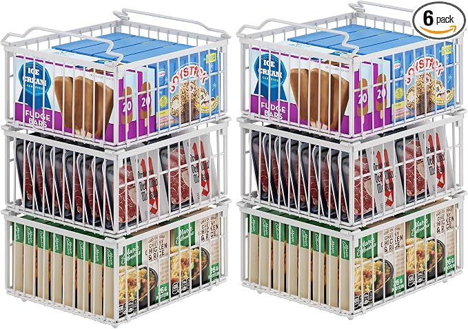 Freezer Organizer Bins, 6 Pack Enlarged Baskets for 5-9 Cu.FT Deep Freezer | Stackable Chest Freezer Organizer Bins, Foldable with Handles, White Storage Container Baskets for Sort Frozen Meats by MSERCUOR