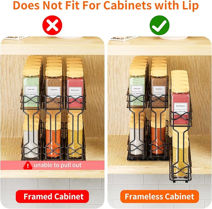 RCHYFEED 3 Pack Pull Out Spice Rack Organizer for Cabinet,2.1 Wx10.5 Dx8 H | Chrome,2 Tier Heavy Duty Cabinet Spice Organizer,Tape or Screw Mount Available Perfect for Cabinet & Pantry,Jars Not Included - Image 5