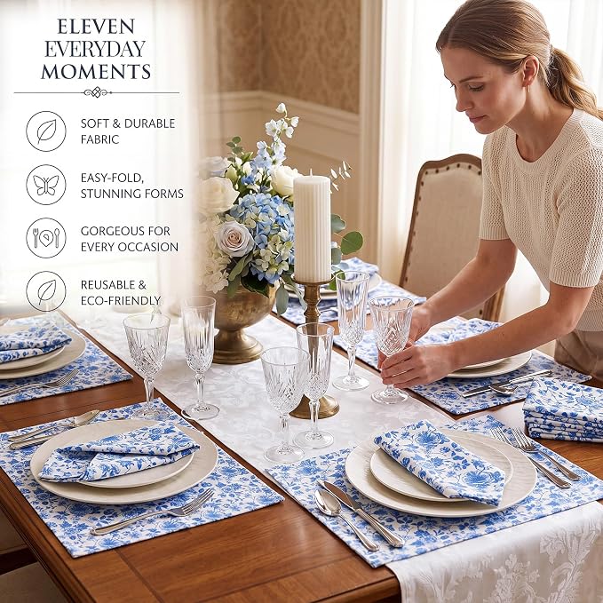Tegeme 24 Pcs Blue and White Floral Cloth Napkins 15" x 15" Reusable Cotton Napkins, Blue Floral Napkin for Spring Tea Party, Wedding, Catering & Home Decor - Image 5