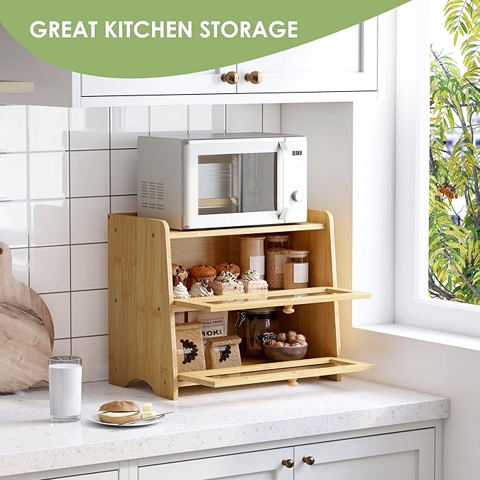 Double Layer Bread Box Container for Kitchen Countertop Homemade Bread | Large Breadbox Storage Wooden Farmhouse Bread Holder (Bamboo, Medim-15.7" L x 9.5" W x 13" H) - Image 5