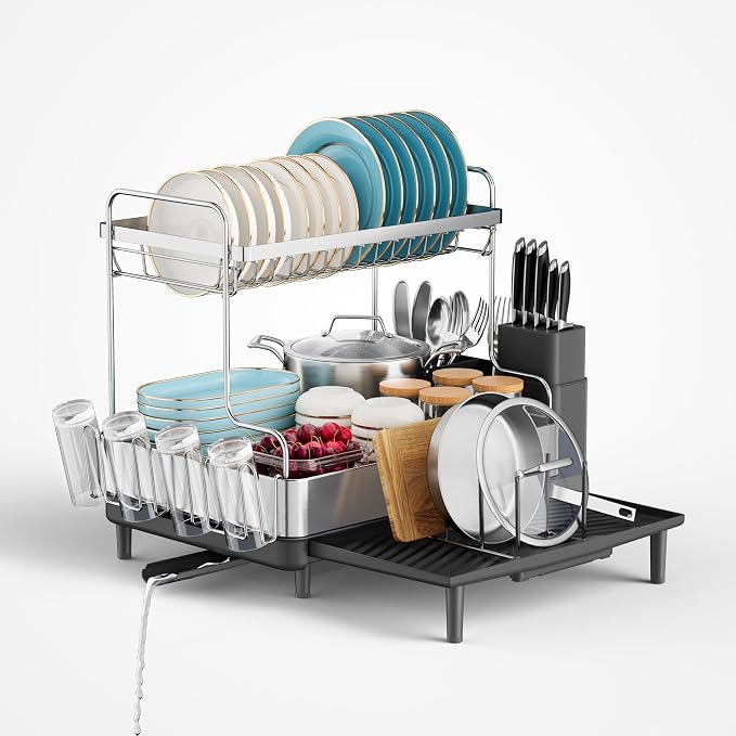 2 Tier Dish Drying Rack, Extra Large Dish Rack, Expandable Dish Racks for Kitchen Counter, Multifunctional Large Dish Drainers for Kitchen Counter, Black by SUNLYHOME