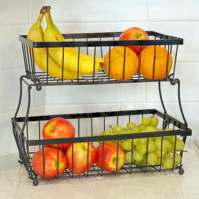Sunnydaze 2-Tier Metal Wire Fruit Basket for Kitchen Counter - Black | Collapsible for Easy Storage - Iron with Food-Safe, Powder-Coated Finish - 10 lb Weight Capacity - Image 4