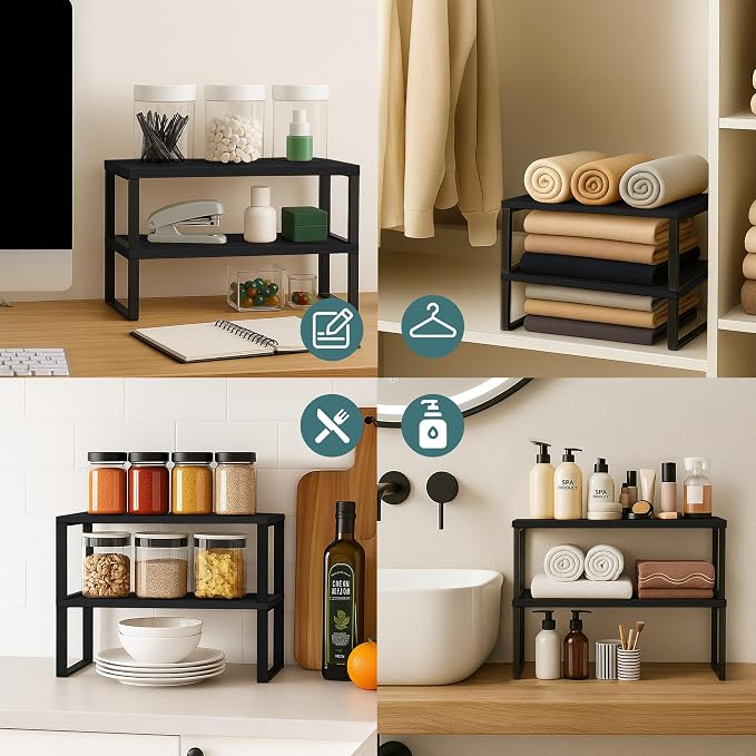 Sben Cabinet Organizer Shelf, Set of 2 Kitchen Counter Shelves, Kitchen Storage, Spice Rack, Stackable, Expandable, Metal and Engineered Wood, Ink Black and Charcoal Black - Image 7